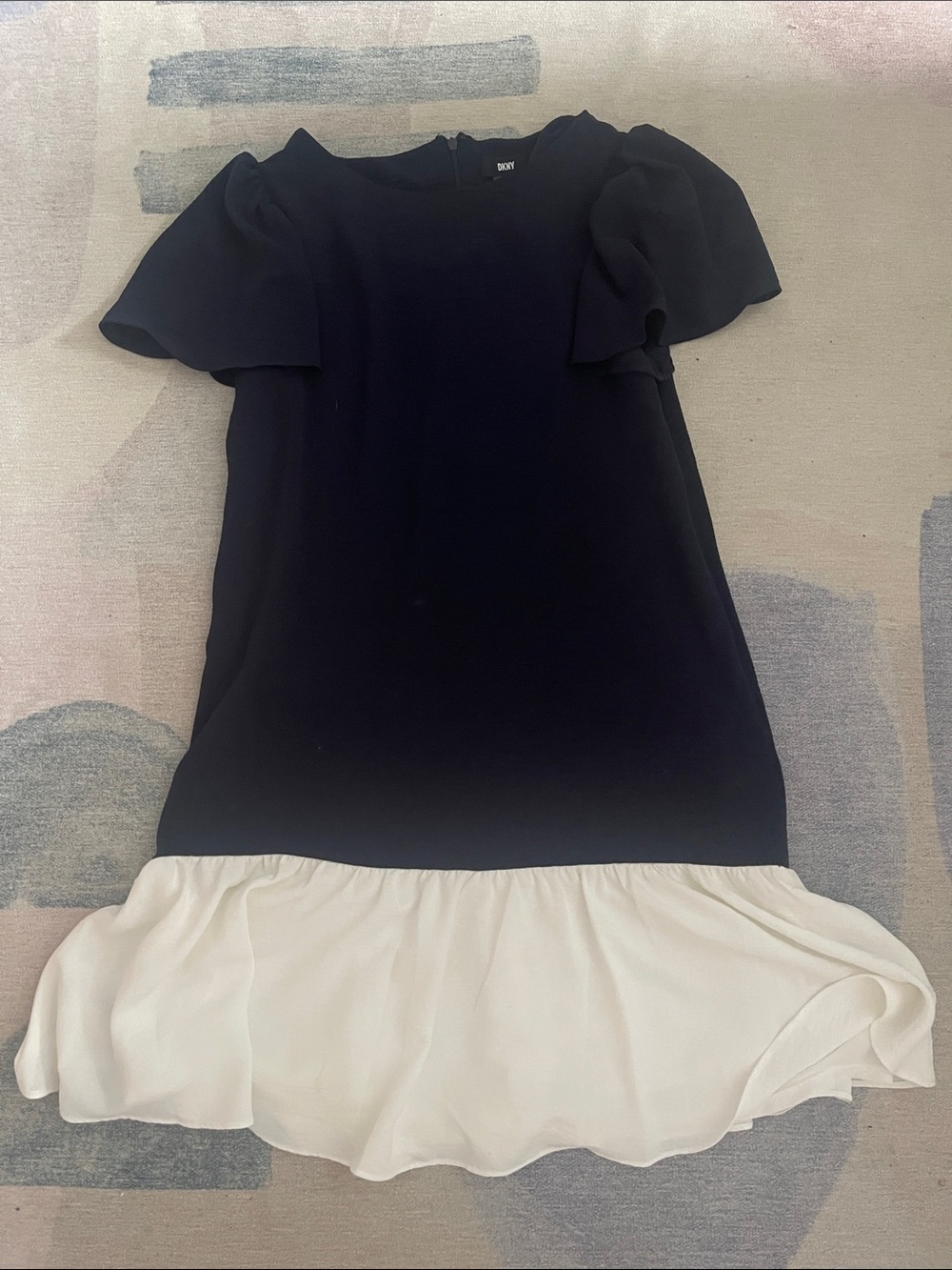DKNY Navy & White drop waist Ruffle-Hem Dress